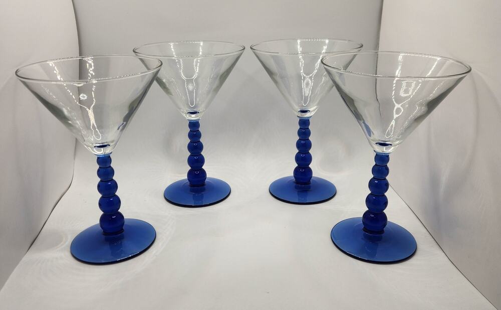 4 Libbey Metropolis Blue Martini Glasses Set Clear Mediterranean Ball Stems 6.5"